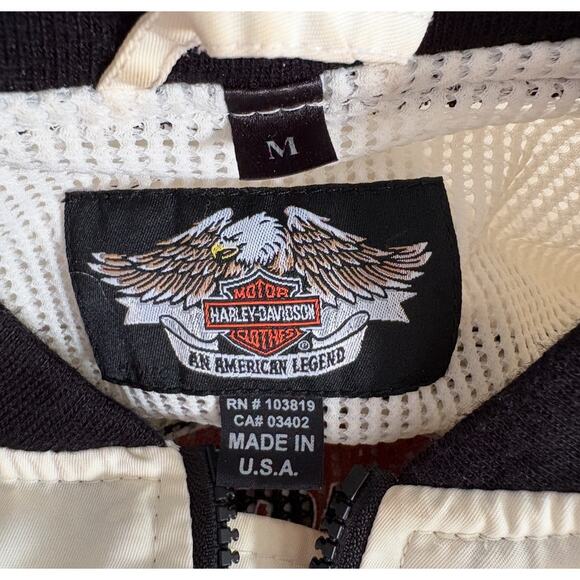 Harley-Davidson Y2K Racing Bomber Jacket M Checkered Logo Patch Flag USA White - Picture 14 of 14